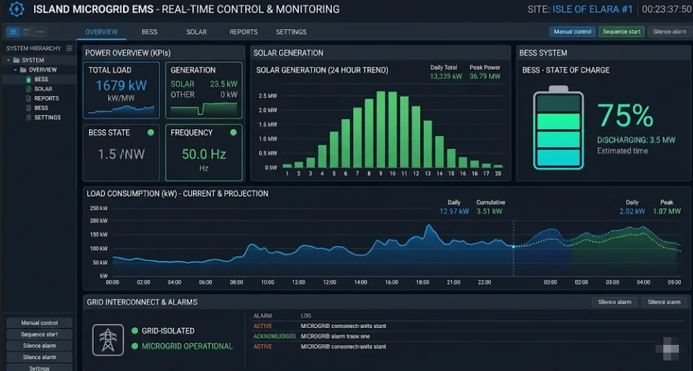 Island Grid BESS energy management system dashboard showing real-time solar generation, battery state of charge, and frequency monitoring