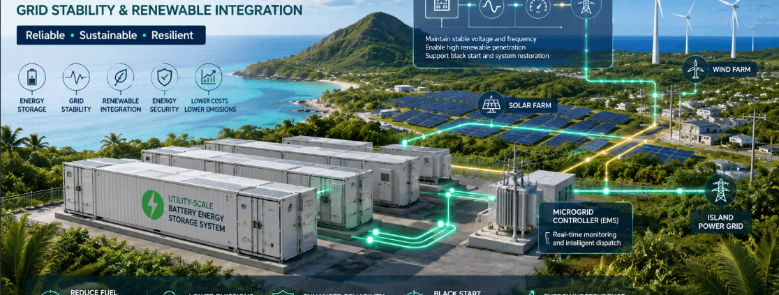 SunLith Energy Aerial view of Island Grid BESS and solar PV installation on a tropical island surrounded by ocean