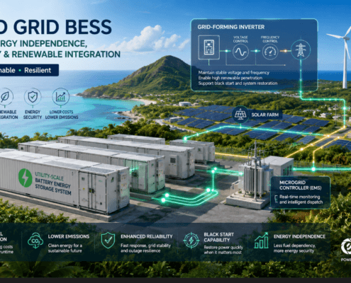 SunLith Energy Aerial view of Island Grid BESS and solar PV installation on a tropical island surrounded by ocean