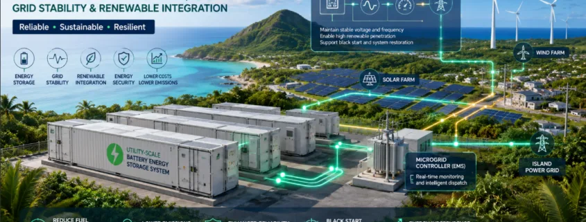 Aerial view of Island Grid BESS and solar PV installation on a tropical island surrounded by ocean