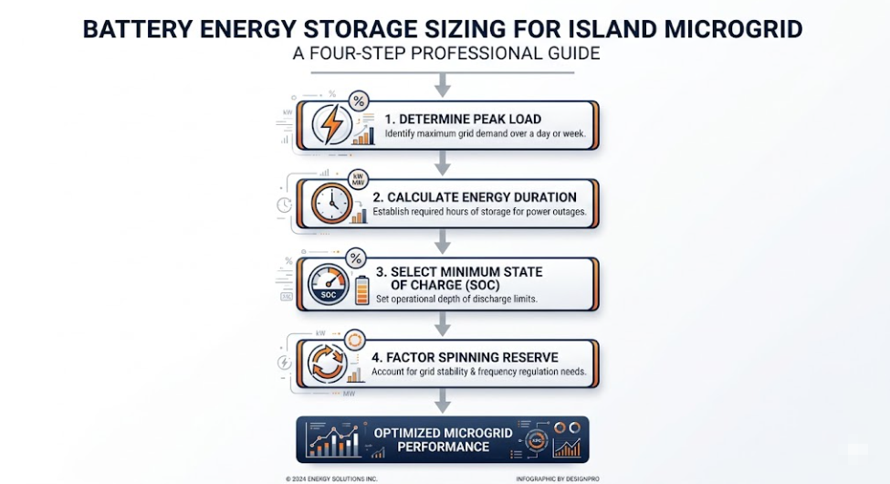 island-grid-bess-sizing-four-steps - SunLith Energy SunLith Energy Four-step infographic for Island Grid BESS sizing — power capacity, energy duration, SoC management, and spinning reserve