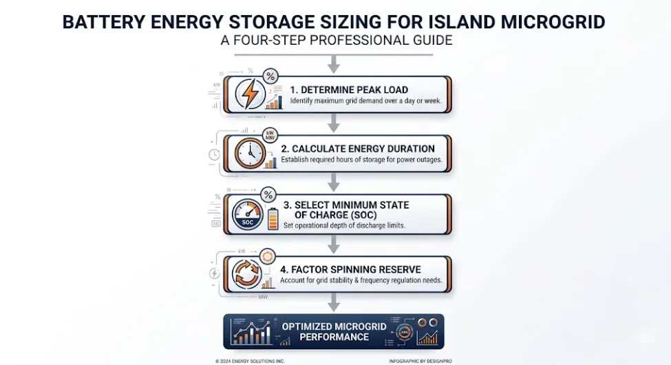 Four-step infographic for Island Grid BESS sizing — power capacity, energy duration, SoC management, and spinning reserve
