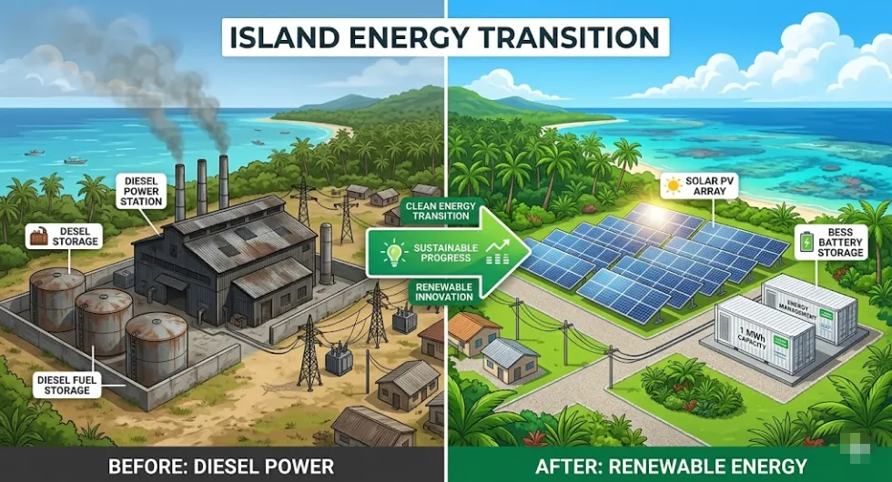 Comparison of diesel-dependent island grid versus modern solar Island Grid BESS energy transition