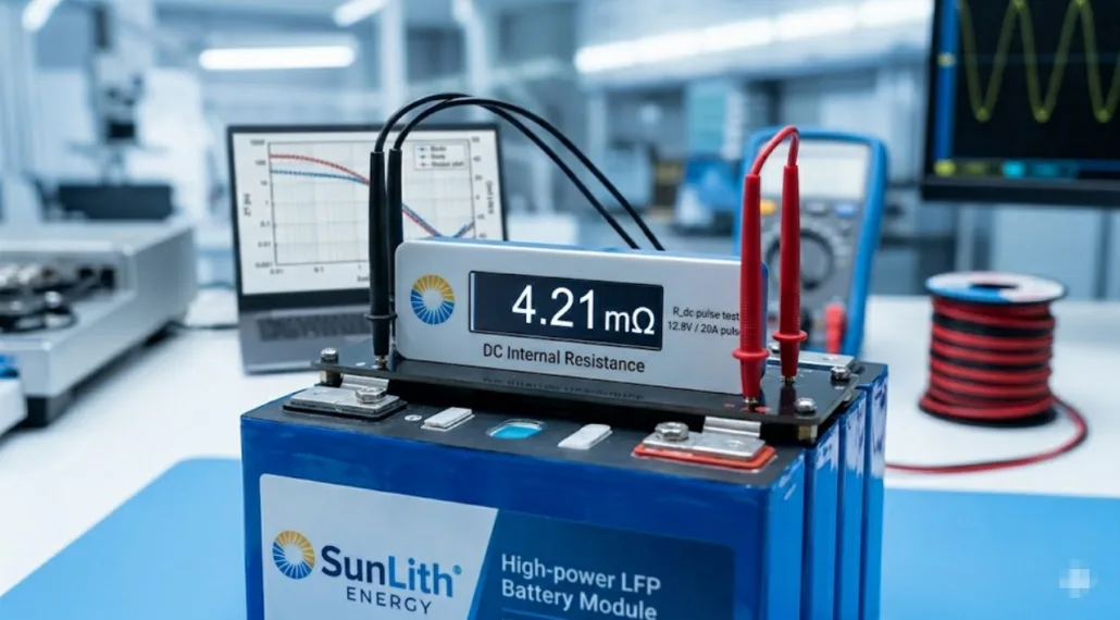 A SunLith Energy module undergoing DC Internal Resistance LFP pulse testing in a laboratory
