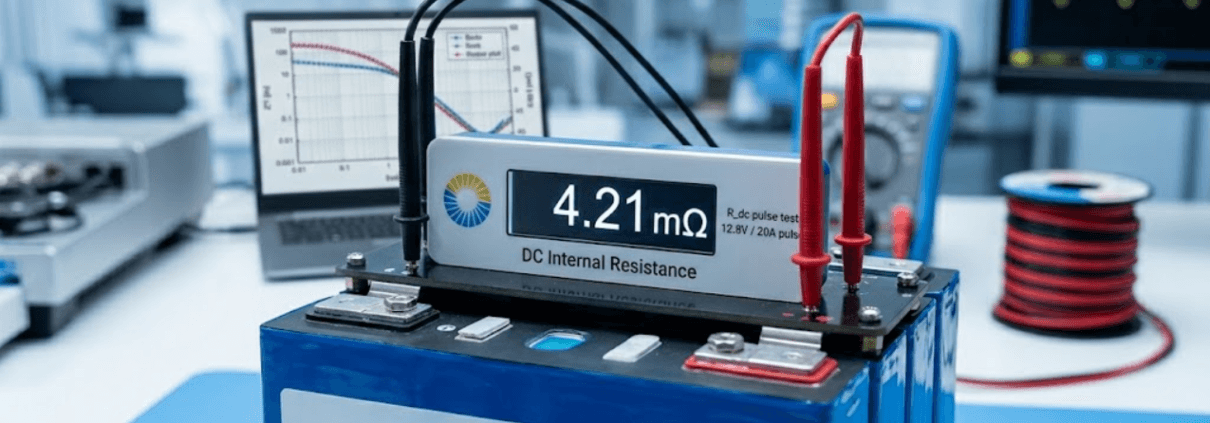 SunLith Energy A SunLith Energy module undergoing **DC Internal Resistance LFP** pulse testing in a laboratory