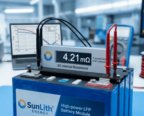 SunLith Energy A SunLith Energy module undergoing **DC Internal Resistance LFP** pulse testing in a laboratory