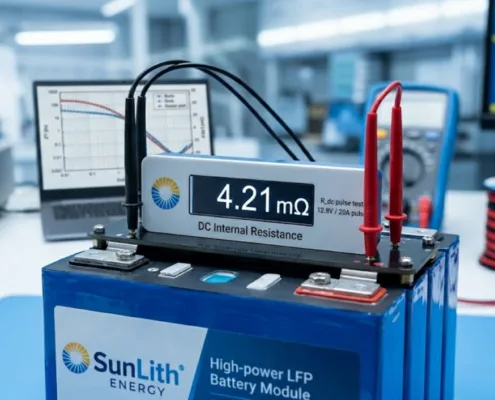 DC Internal Resistance LFP Performance Testing - SunLith Energy SunLith Energy A SunLith Energy module undergoing **DC Internal Resistance LFP** pulse testing in a laboratory