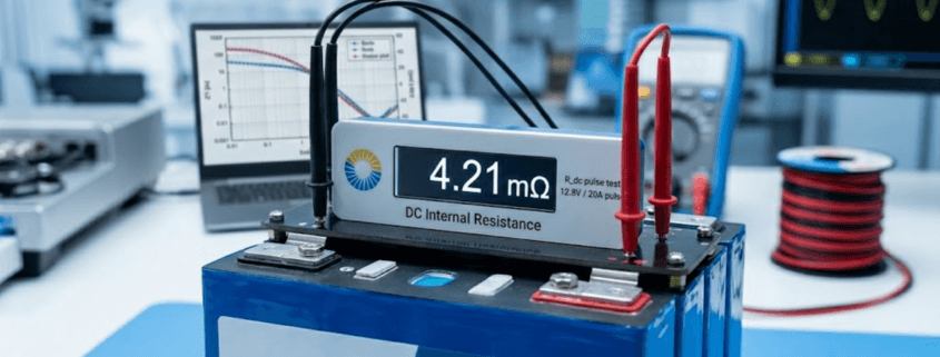 A SunLith Energy module undergoing **DC Internal Resistance LFP** pulse testing in a laboratory