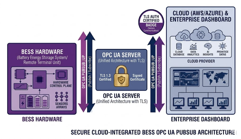 OPC UA BESS to Cloud Integration — Secure Communication Protocol - SunLith Energy SunLith Energy OPC UA BESS communication protocol diagram showing EMS connecting to cloud analytics via OPC UA server with TLS encryption