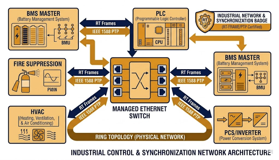 PROFINET and EtherNet/IP — Real-Time Industrial BESS Communication Protocols - SunLith Energy SunLith Energy PROFINET and EtherNet/IP BESS industrial Ethernet diagram showing PLC BMS PCS and auxiliary systems on a real-time network