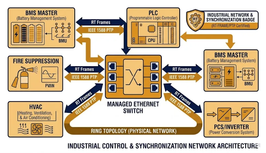 PROFINET and EtherNet/IP BESS industrial Ethernet diagram showing PLC BMS PCS and auxiliary systems on a real-time network