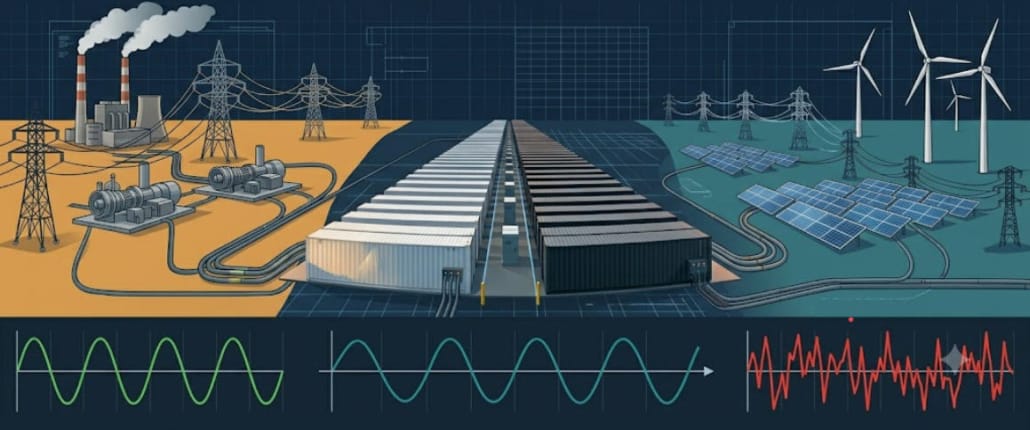 SunLith Energy Conceptual illustration of grid frequency instability as renewable energy replaces synchronous generators — BESS grid-forming solution