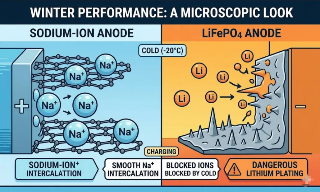 Microscopic illustration comparing Sodium-ion intercalation to dangerous lithium plating on an LFP anode at -20°C.