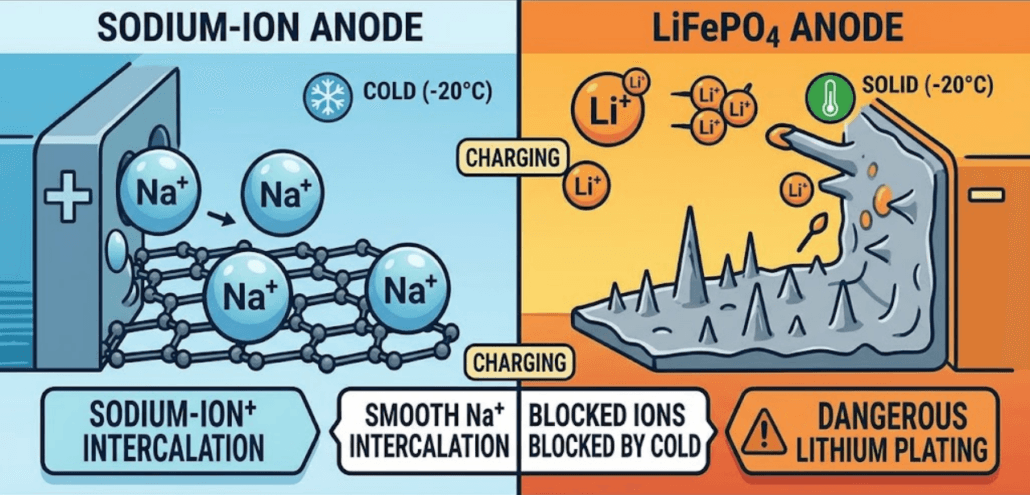 Sodium-ion vs LiFePO4 winter performance comparison showing lithium plating at -20°C