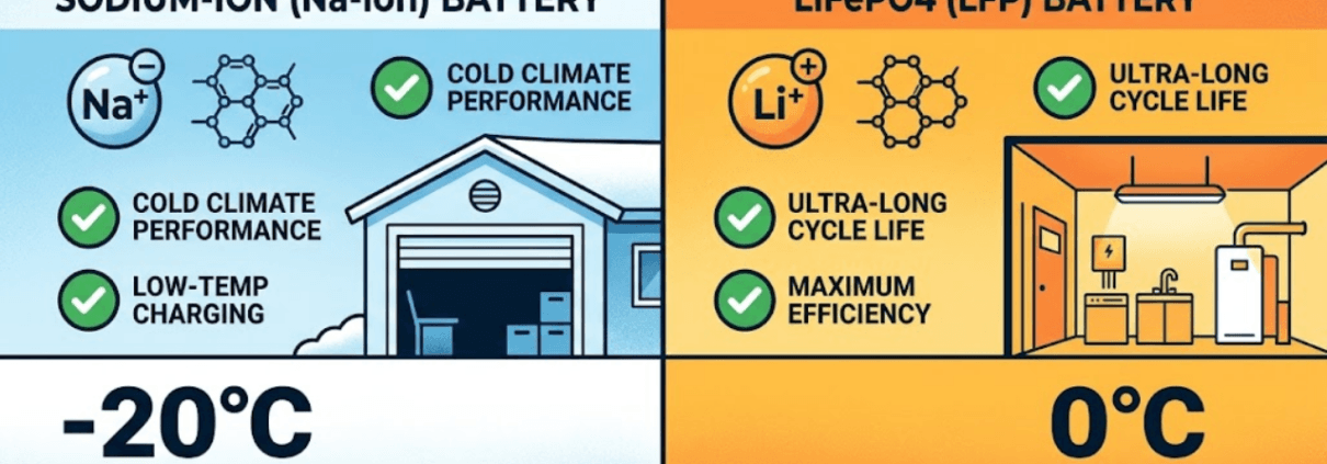 SunLith Energy Sodium-ion vs LiFePO4 winter performance comparison infographic for 2026