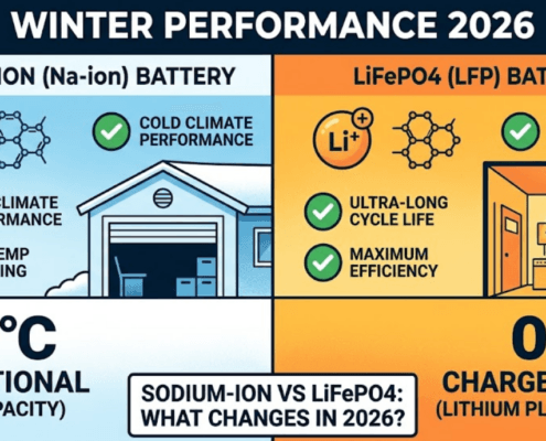 SunLith Energy Sodium-ion vs LiFePO4 winter performance comparison infographic for 2026