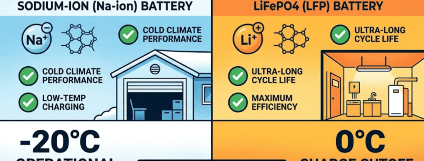Sodium-ion vs LiFePO4 winter performance comparison infographic for 2026