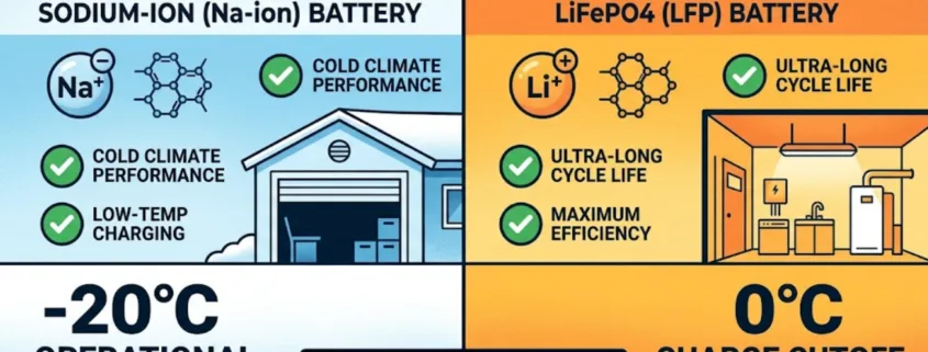 Sodium-ion vs LiFePO4 winter performance comparison infographic for 2026