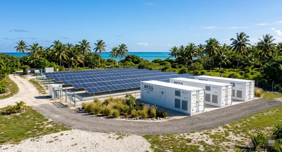 Solar PV array with containerised Island Grid BESS installation on a remote tropical island