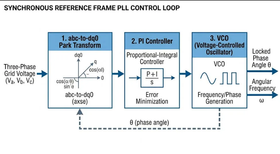 Block diagram of a synchronous reference frame PLL: three-phase grid voltage passes through Park transform (abc→dq0), then PI control, then a VCO generating angular frequency and phase; theta feedback closes the loop.