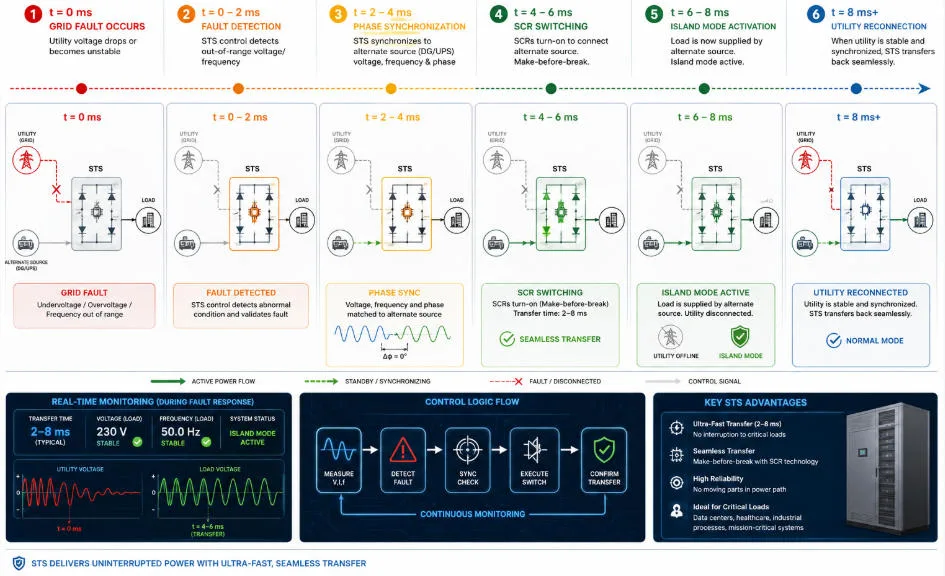 SunLith Energy Grid fault response sequence in a Static Transfer Switch system