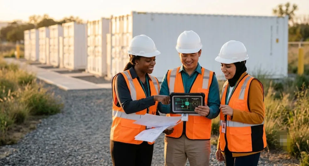 Sunlith Energy team working on BESS grid-forming project planning — battery storage and grid infrastructure specialists