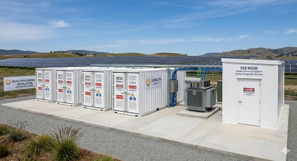 Row of modular battery energy storage containers (BESS) at a solar power site with a PCS room in the background.
