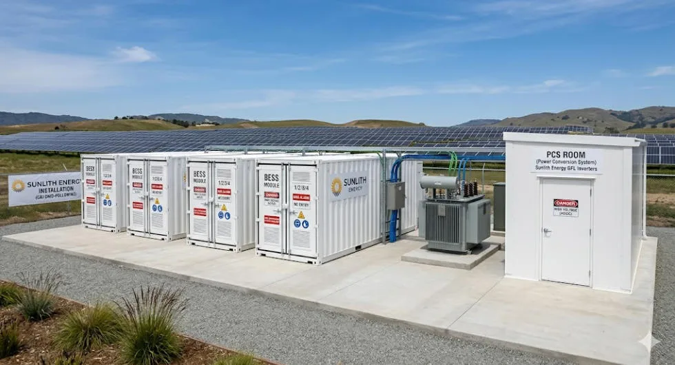 Row of modular battery energy storage containers (BESS) at a solar power site with a PCS room in the background.