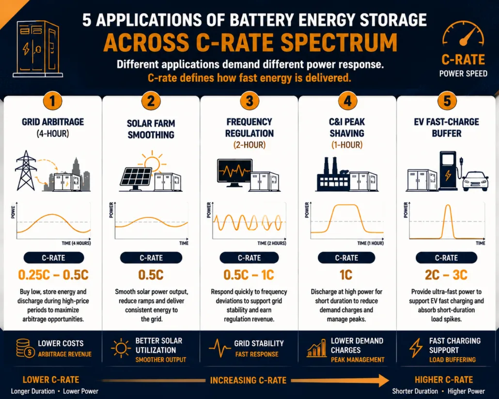 Top 5 BESS Application C-rate Spectrum infographic.