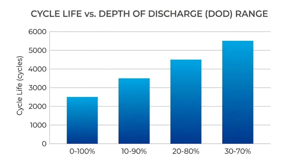 Bar chart comparing lithium-ion battery cycle life across 0-100, 10-90, 20-80, and 30-70 percent state of charge windows