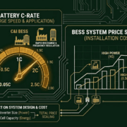 SunLith Energy Conceptual flat design art showing the relationship between battery storage C-rate speed and BESS installation cost scaling