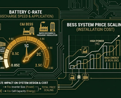 SunLith Energy Conceptual flat design art showing the relationship between battery storage C-rate speed and BESS installation cost scaling