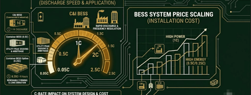 Conceptual flat design art showing the relationship between battery storage C-rate speed and BESS installation cost scaling