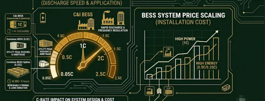bess-c-rate - SunLith Energy SunLith Energy Conceptual flat design art showing the relationship between battery storage C-rate speed and BESS installation cost scaling