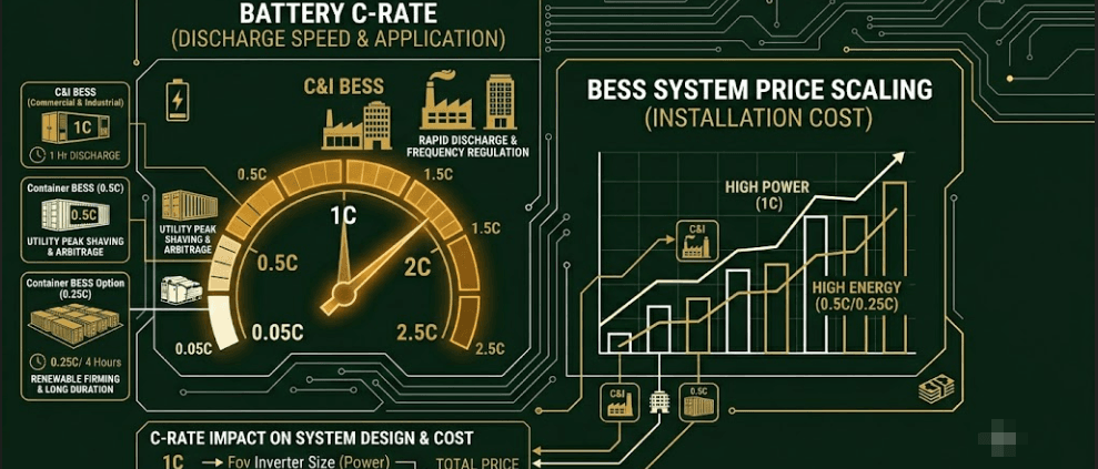 SunLith Energy Conceptual flat design art showing the relationship between battery storage C-rate speed and BESS installation cost scaling