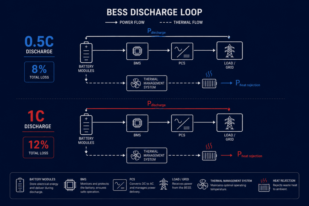 SunLith Energy Infographic of a BESS discharge loop showing 0.5C path: battery modules → BMS → PCS → load/grid, with thermal management and heat rejection; 8% total loss appears on left. A second, lower path shows 1C discharge with 12% loss and similar components to compaire liquid-cooled BESS 0.5C vs 1C cycle life