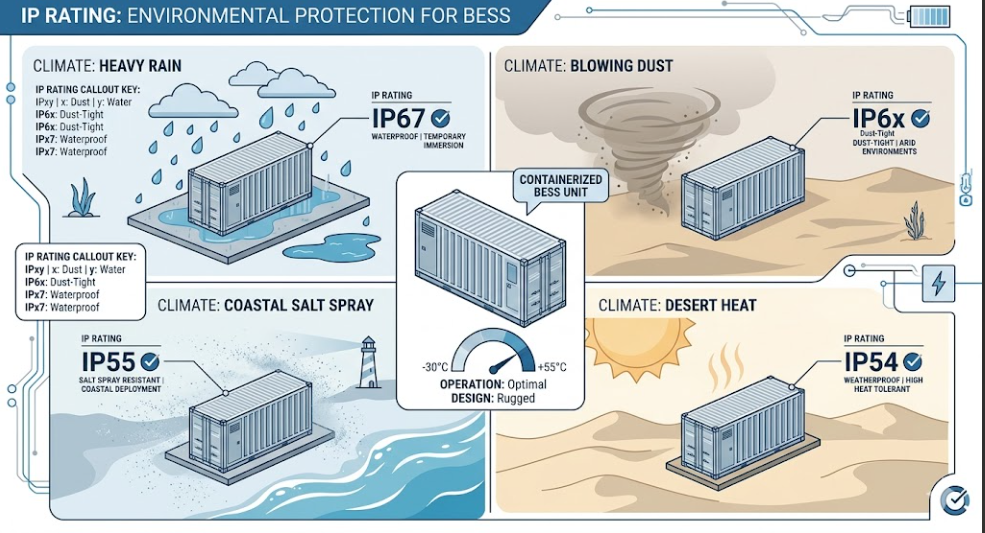 BESS IP Rating and Operating Conditions Guide - SunLith Energy - SunLith Energy SunLith Energy Infographic showing BESS IP ratings and operating temperature conditions for different climate environments
