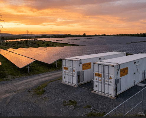 SunLith Energy Large BESS containers alongside a utility-scale solar farm illustrating BESS oversizing strategy
