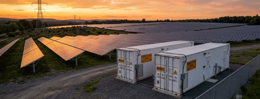 Large BESS containers alongside a utility-scale solar farm illustrating BESS oversizing strategy