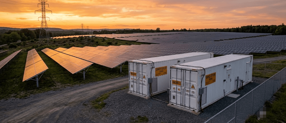 bess-oversizing-hero - SunLith Energy SunLith Energy Large BESS containers alongside a utility-scale solar farm illustrating BESS oversizing strategy