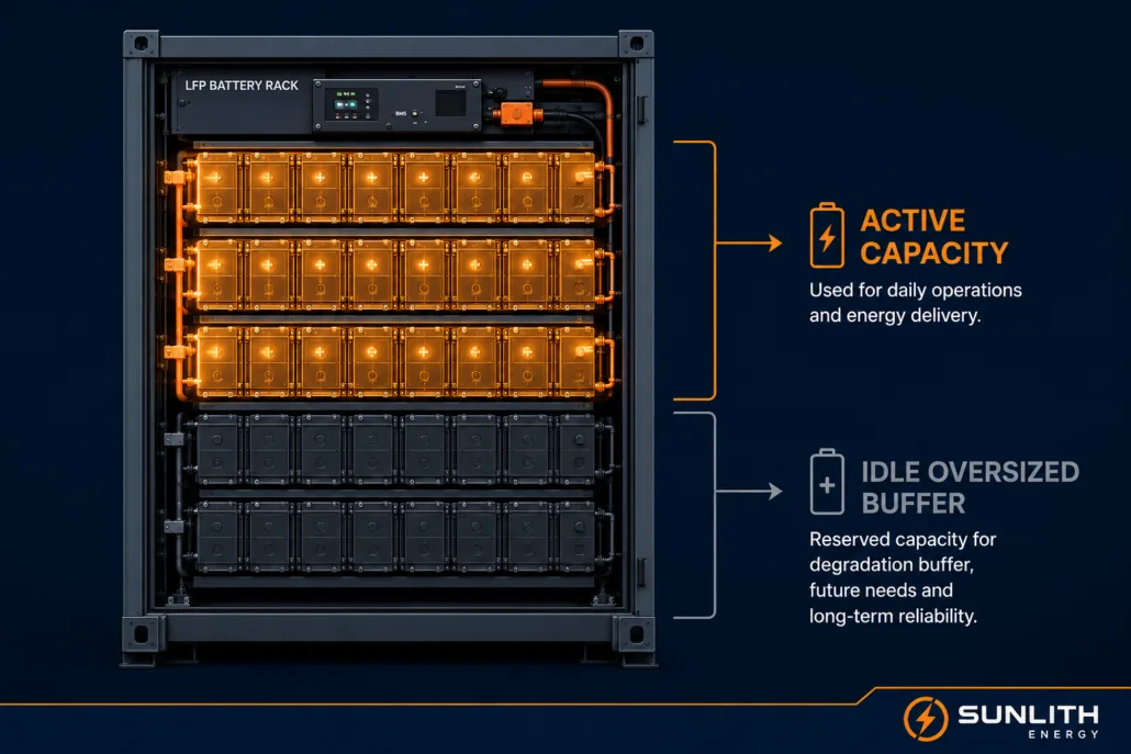 Illustration of idle buffer capacity versus active cycling capacity inside an oversized LFP BESS rack
