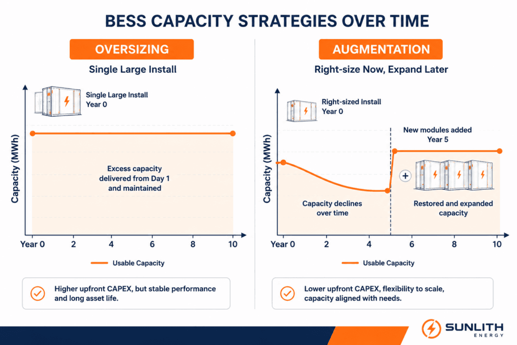 bess-oversizing-vs-augmentation - SunLith Energy SunLith Energy Diagram comparing BESS oversizing upfront strategy versus battery augmentation over a 10-year project life
