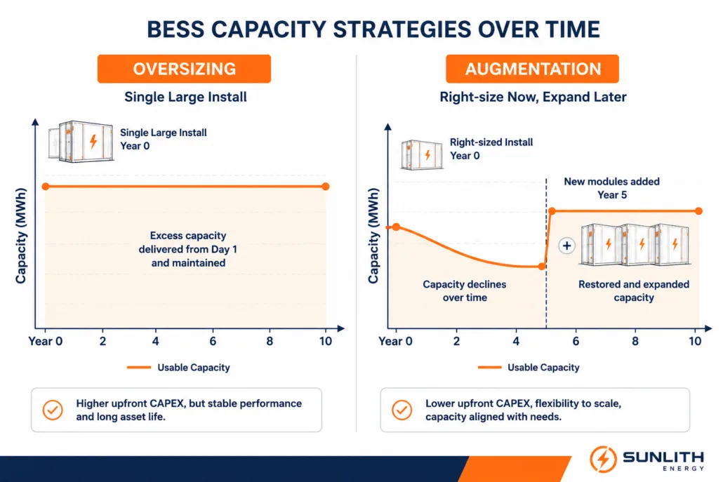 Diagram comparing BESS oversizing upfront strategy versus battery augmentation over a 10-year project life