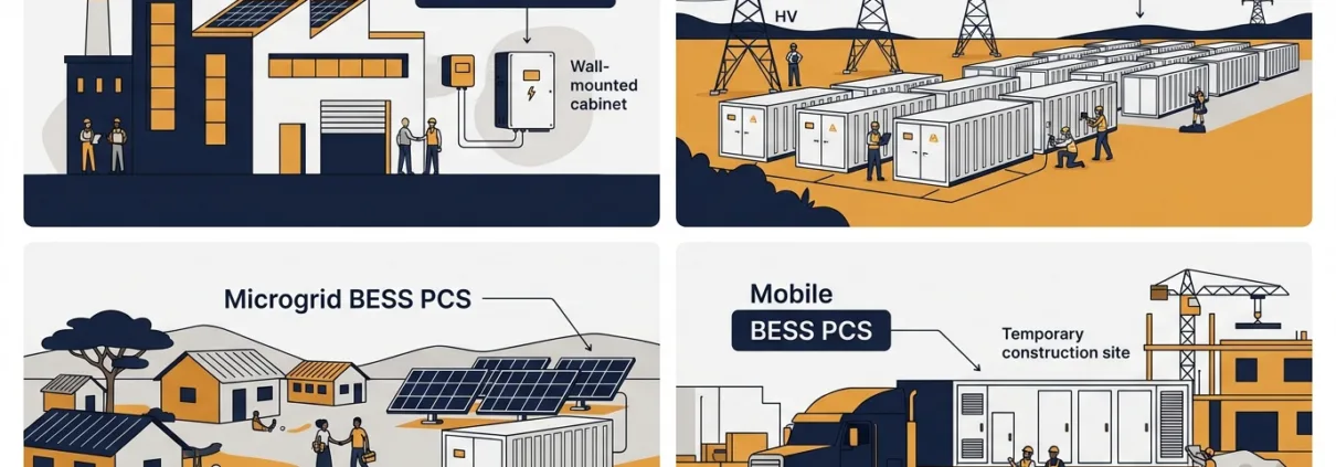 SunLith Energy BESS PCS power conversion system for four application types: C&I commercial building, utility scale solar farm, off-grid microgrid village, and mobile trailer-mounted battery storage