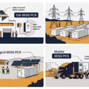 SunLith Energy BESS PCS power conversion system for four application types: C&I commercial building, utility scale solar farm, off-grid microgrid village, and mobile trailer-mounted battery storage