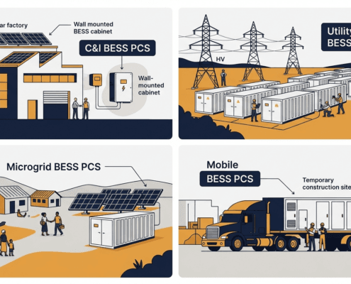 SunLith Energy BESS PCS power conversion system for four application types: C&I commercial building, utility scale solar farm, off-grid microgrid village, and mobile trailer-mounted battery storage