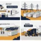 SunLith Energy BESS PCS power conversion system for four application types: C&I commercial building, utility scale solar farm, off-grid microgrid village, and mobile trailer-mounted battery storage
