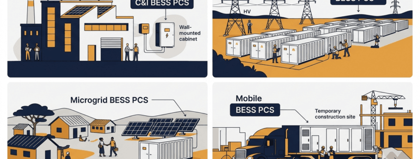 BESS PCS Applications — C&I, Utility Scale, Microgrid, and Mobile - SunLith Energy SunLith Energy BESS PCS power conversion system for four application types: C&I commercial building, utility scale solar farm, off-grid microgrid village, and mobile trailer-mounted battery storage