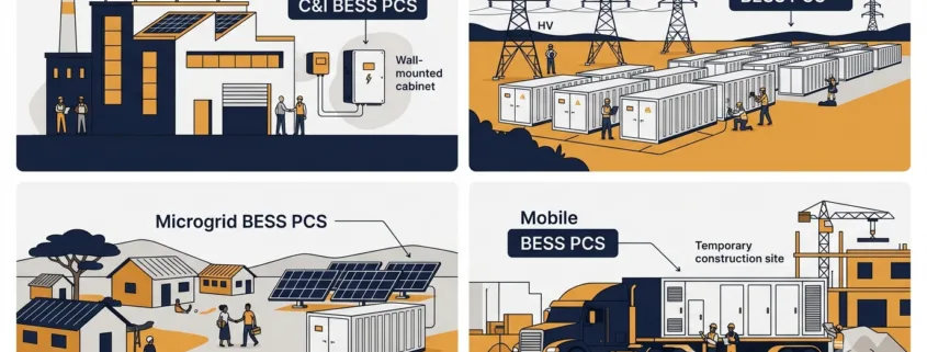 BESS PCS power conversion system for four application types: C&I commercial building, utility scale solar farm, off-grid microgrid village, and mobile trailer-mounted battery storage