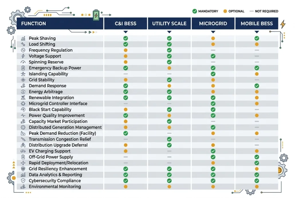 BESS PCS function comparison table infographic showing mandatory, optional, and not required functions for C&I, utility scale, microgrid, and mobile battery energy storage systems